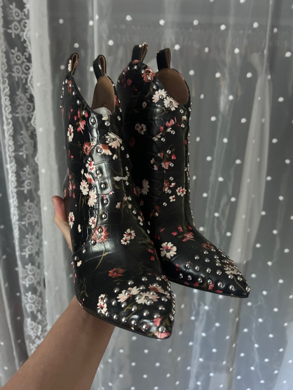 Jessica Simpson Black Floral Studded Pointed-Toe Ankle Boots